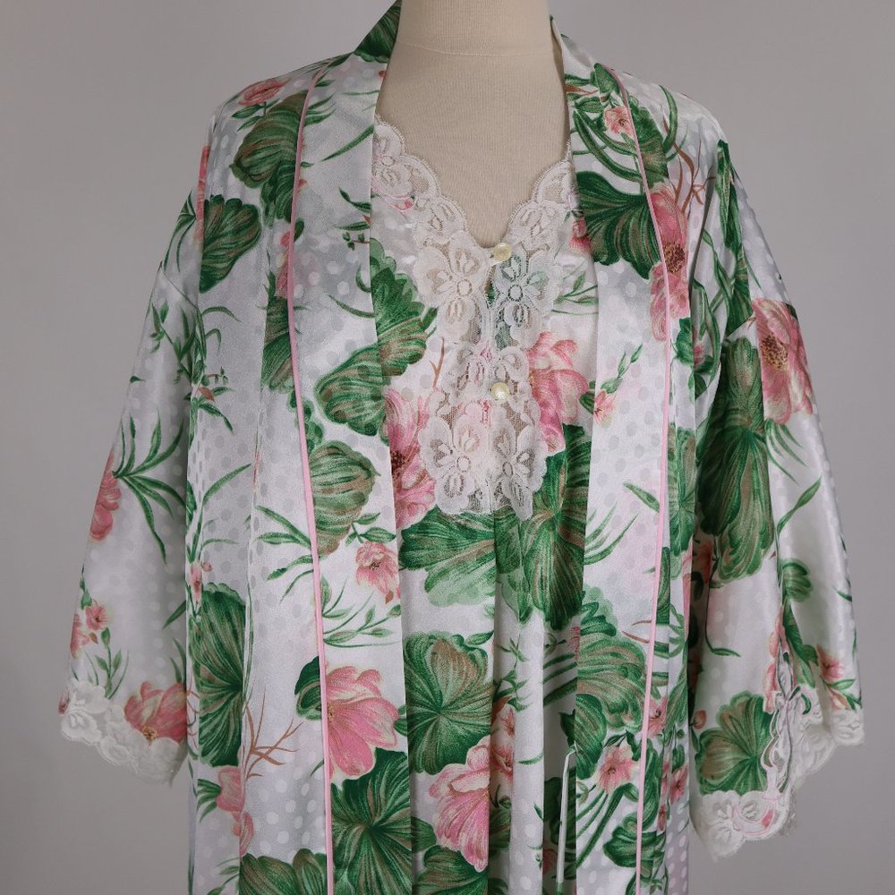 Vtg Natori Tropical Green Leaf Lace Nightgown Robe Set Negligee Chemise Peignoir